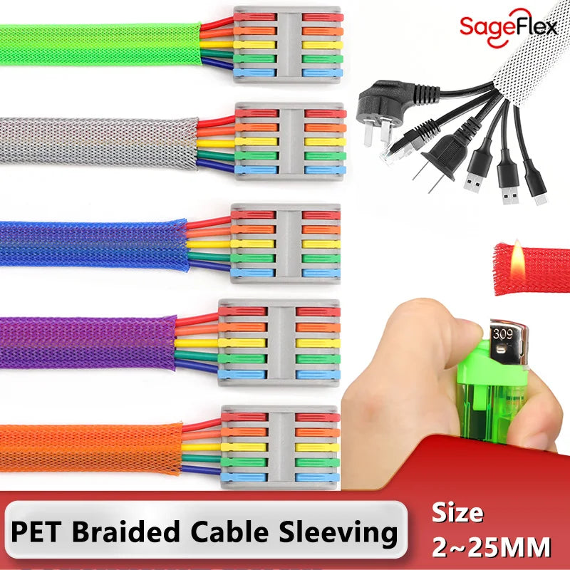 2/30M 2mm - 25mm High Density Nylon Mesh Tube Wire Insulated Sheath 12colors Cable Sleeve PET Expandable Braided Sleeving