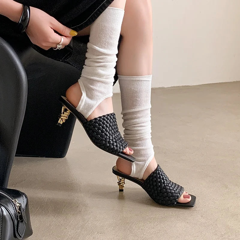 Summer Sandals Women Concise Style Slippers Weave Sandals for Girls Sexy Kitten Heel Elegant Dress Party Wedding  Sandalias
