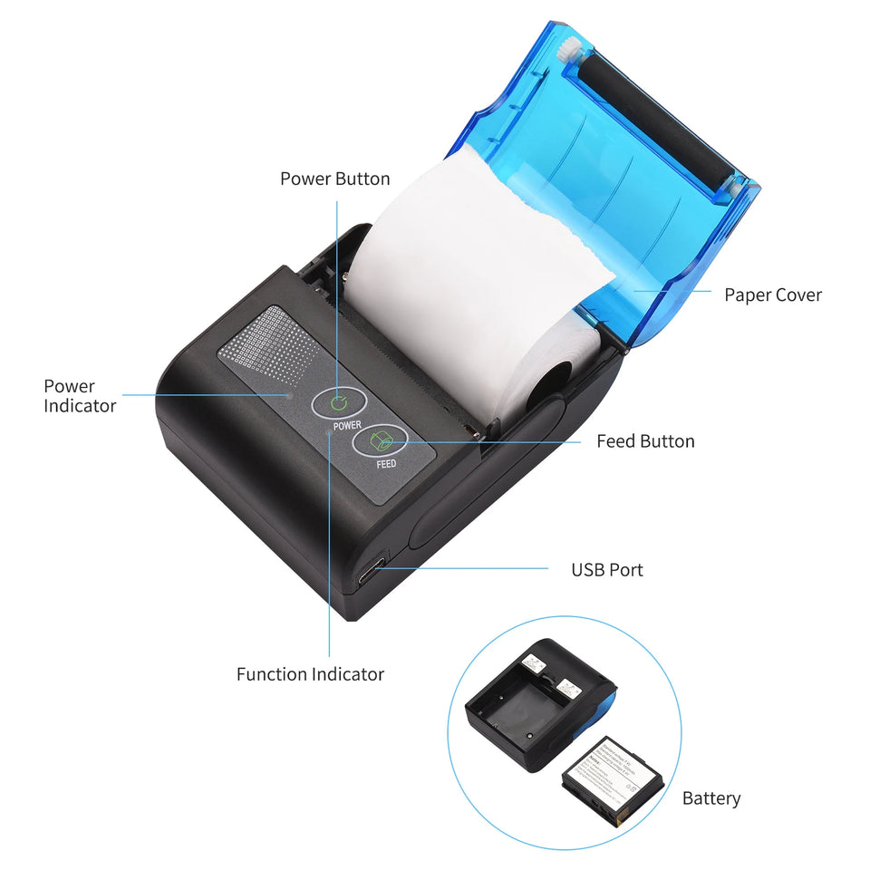 Bisofice Portable Mini Thermal Printer 2 Inch Wireless USB Receipt Bill Ticket Printer with 58mm Print Paper  for Restaurant