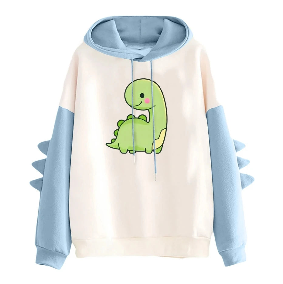 Winter Cute Dinosaur Cartoon Hoodie Women Fashion Sweatshirt Casual Print Long Sleeve Korean Style Splice Tops Kawaii Clothes