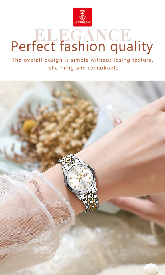 POEDAGAR Elegant Ladies Watches Waterproof Luminous Date Week Watch for Woman High Quality Stainless Steel Quartz Women's Watch