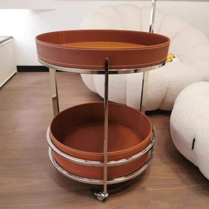 2025 New Light Luxury Sofa Side Table Movable Hotel Room Saddle Leather Trolley Home Bedroom Storage Bedside Small Coffee Table