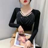 Autumn New Women Mesh Tops Fashion Hollow Out V-Neck Long-Sleeved T-Shirt Classic Shiny Diamonds Bottoming Shirt Elasticity Tees