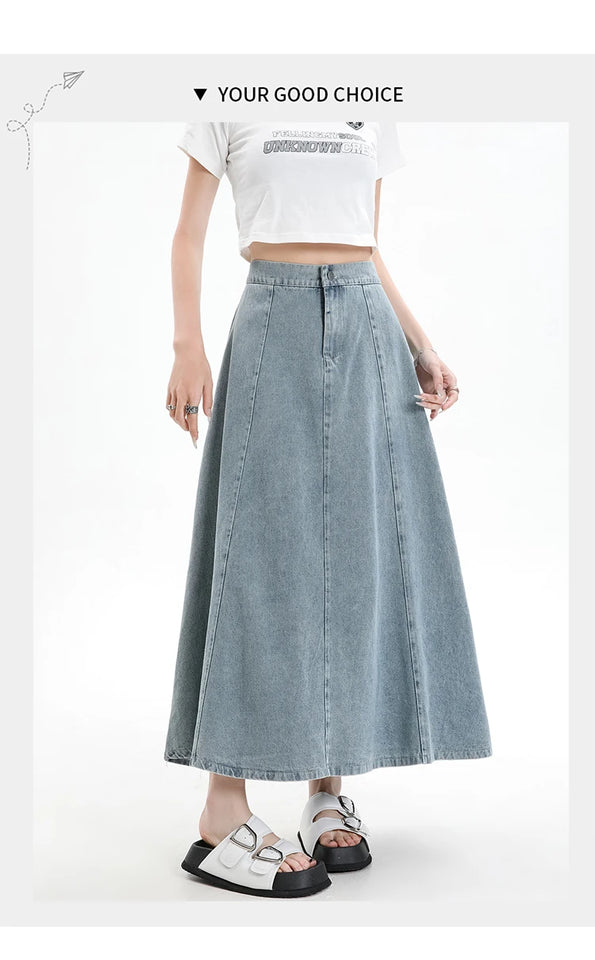 Long Denim Skirt Women 2024 Spring Summer New Arrivals High Elastic Waist A Line Jeans Skirts Korean Fashion Casual Blue Skirts