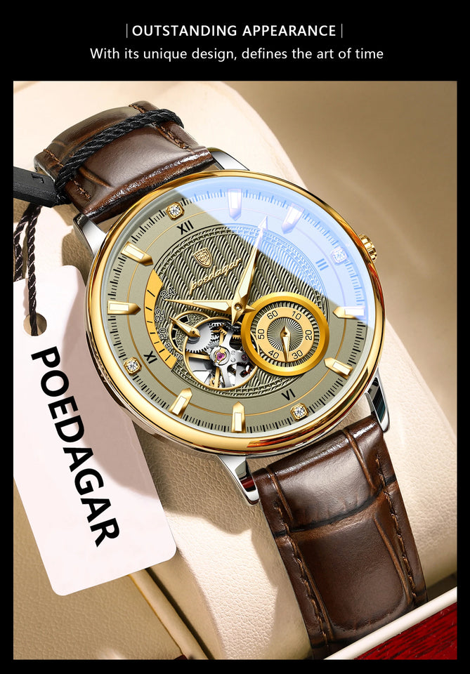 POEDAGAR Fashion Business Men Watch Waterproof Luminous Hollow Tourbillon Male Clock Automatic Mechanical Leather Men's Watches