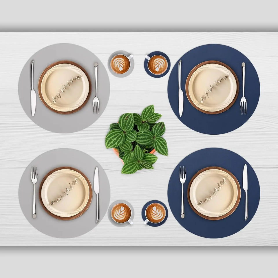 1/6/10 Sets Round PU Leather Placemats & Coaster Set Oil-Proof Waterproof Insulation Mat for Kitchen Coffee Shop Christmas Decor