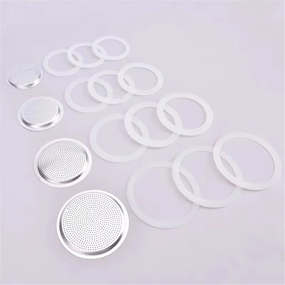 1 Set, 3pcs Silicone Gaskets and 1pc Aluminum Filter Moka Pot Coffee Bottle Replacement Compatible with 3/6/9/12 Cup Moka Expres