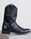 Retro Cowboy Boots Women Men Mid Calf Outdoor Boots Vintage PU Slip on Shoes Winter Gladiator Booties Unisex Brown Long Boots