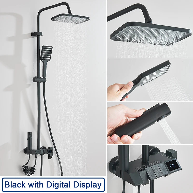 Rozin Black Smart Digital Display Shower Faucet Set Piano Style Rainlfall Bathroom System Grey Digital Mixer Tap Bidet Shower