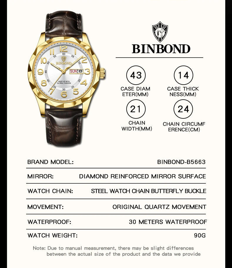 BINBOND New Fashion Mens Casual Sports Watches For Men Retro Big Dial Quartz Watches Classic Leather Business Men Watches B5663
