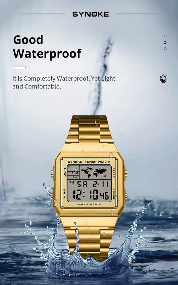 SYNOKE Stainless Steel watchband Chrono Sport Watches Men Back Light Display Digital Wristwatch Waterproof plastic watch case