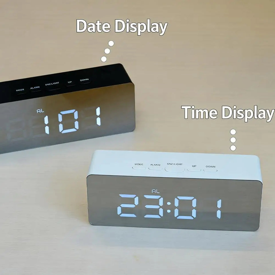 Electronic Mirror LED  Digital Alarm Clock, Temperature Date Display Mini Table Clock for Bedroom Home Office Teens Kids