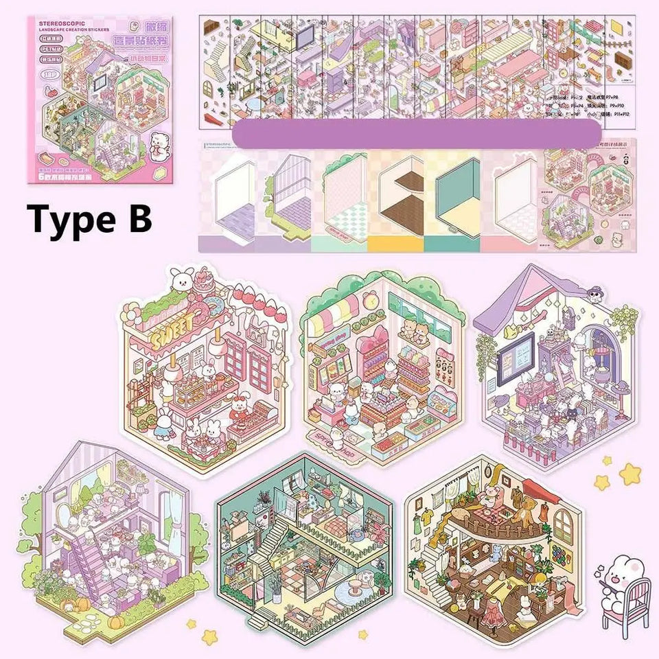 Collection of Miniature Scenes 3D Stereoscopic Hut Miniature Scene Stickers Hand Tent Landscape Stickers Children's Puzzle Toys