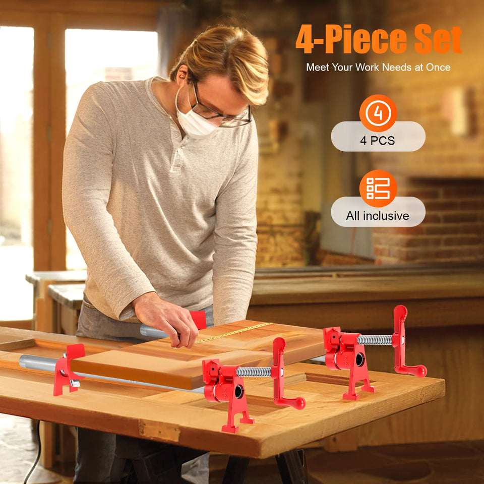 4 Pcs 3/4" Wood Gluing Pipe Clamp Set for Woodworking Lumber Stores, Manufacturing Plants, Repair Shops