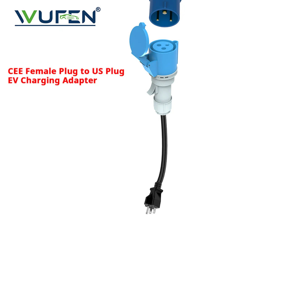 WUFEN EV Charger Adapter 1M US Plug to CEE Blue Power Female Plug 3 Pins Socket Adapter Connect with 32A 1 Phase 7KW Charger