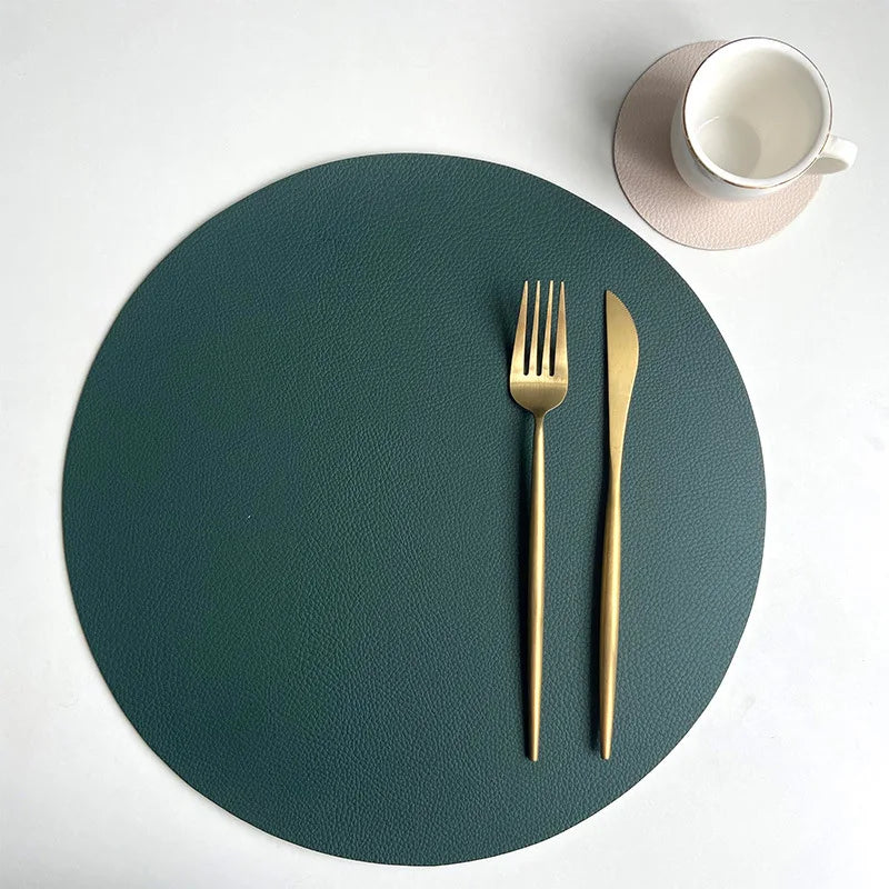 1/6/10 Sets Round PU Leather Placemats & Coaster Set Oil-Proof Waterproof Insulation Mat for Kitchen Coffee Shop Christmas Decor