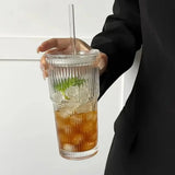 400/600ML Stripe Glass Coffee Cup With Lid and Without Cover Straw Transparent Drinking Glasses for Juice Iced Coffee Mugs
