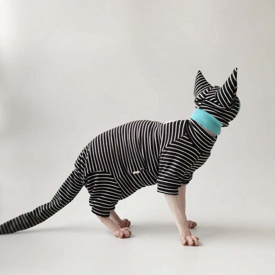 Four Legged Striped Shirt Hat Tail Cover Suit for Sphynx Cat Spring Black Sweatshirt for Kittens Hairless Warm Autumn Costumes
