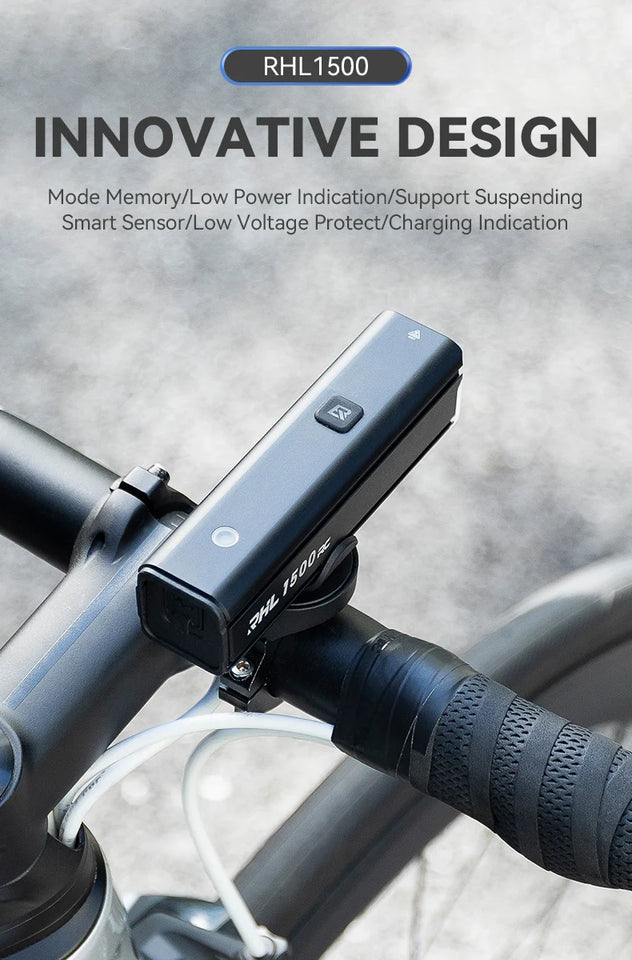 ROCKBROS Bike Light 1500LM 5000mAh Bicycle Light IPX6 Aluminum Type-C Rechargeable Smart Brightness Sense Adjust Cycling Lamp