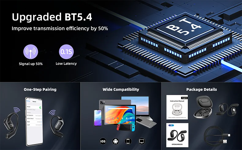Open Ear Headphones Bluetooth 5.4 Wireless Earphones TWS 60 Hours Playtime Dual Mic Clear Call Sports Air Conduction Headphones