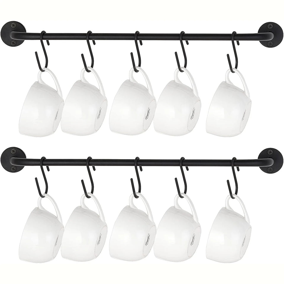 1/2 Set of Wall-Mounted Coffee Cup Holder, Modern Metal with 5/10 Cup Hooks, Rustic Utensil Tea Cup Storage Rack for Kitchen, Dining Room, Coffee Bar, Black