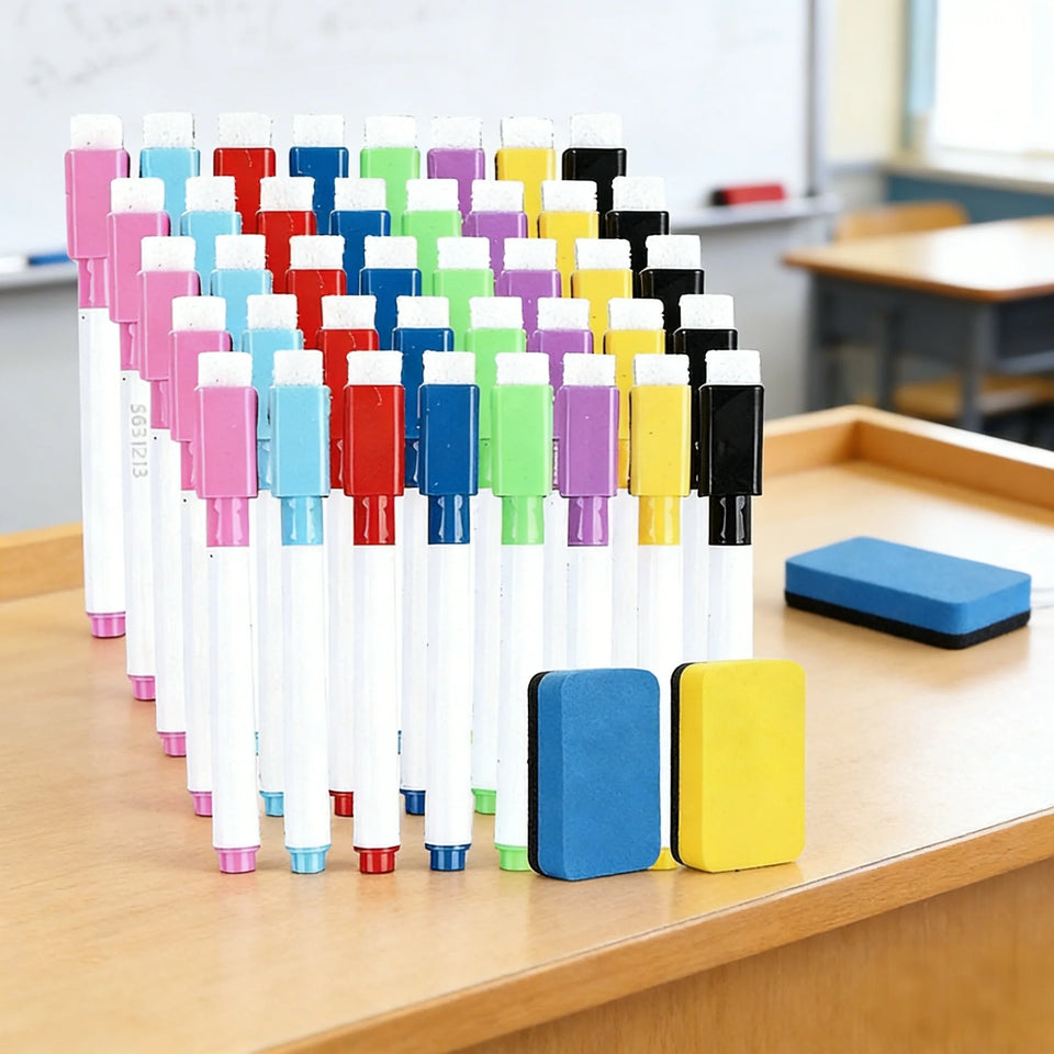 100/5Pcs Dry Erase Whiteboard Markers Set, Washable Pens with Magnetic Eraser for Office Whiteboards & Art Supplies