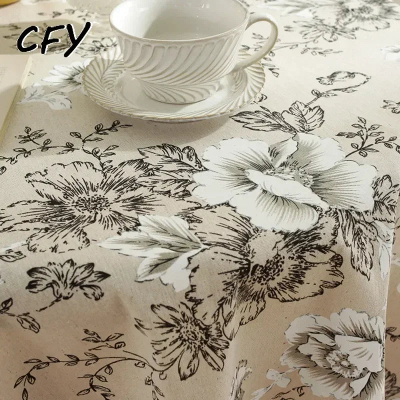 Cotton Linen Nodic Pastoral Black Peonies Black Tassel 150cm Round Tablecloth for Coffee Tables Table Cover Round Table Cloth
