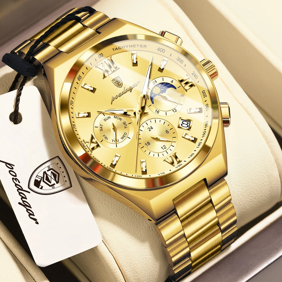 POEDAGAR Fashion Functional Man Wristwatch Luminous Week Date Business Watch For Men Stainless Steel Sports Men's Quartz Watches