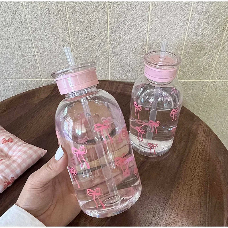 Kawaii Water Bottle Aesthetic Tumbler For Ice Coffee Juice Tea Cute Bowknot Plastic Cups With Straw Lid Portable Drinking Bottle