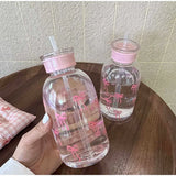 Kawaii Water Bottle Aesthetic Tumbler For Ice Coffee Juice Tea Cute Bowknot Plastic Cups With Straw Lid Portable Drinking Bottle