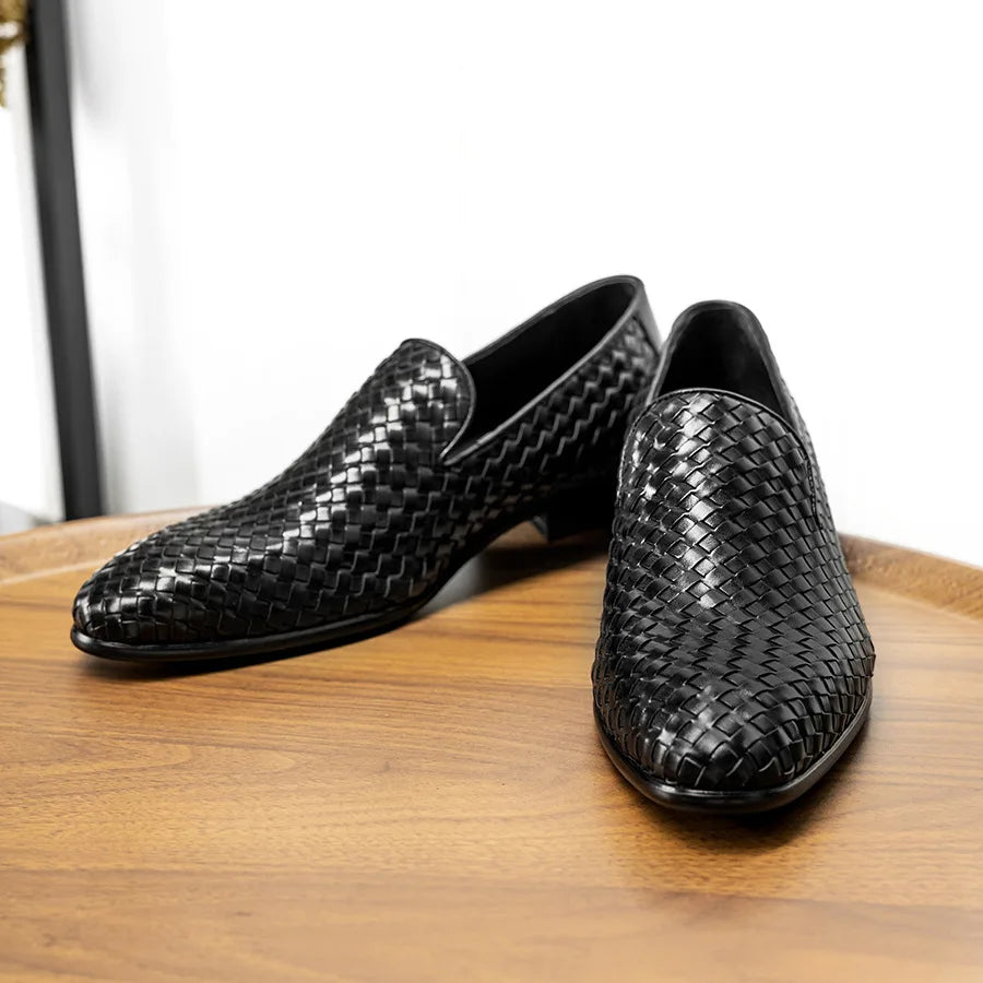 PJCMG Fashion Comfortable Black/Coffee Genuine Knitted Leather Slip-On Pointed Toe Flat Man Casual Classic Formal Dress Shoes
