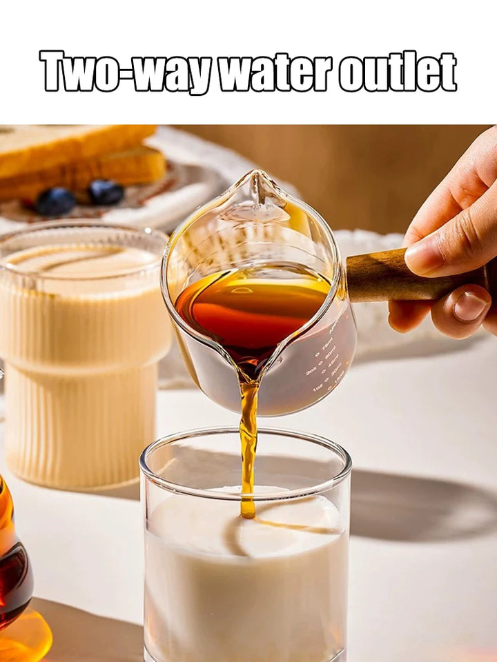 1 Piece 75ml Double Mouth Milk Cup With Side Wooden Handle Clear Glass Coffee Cup, Suitable For Home Espresso, Milk Production