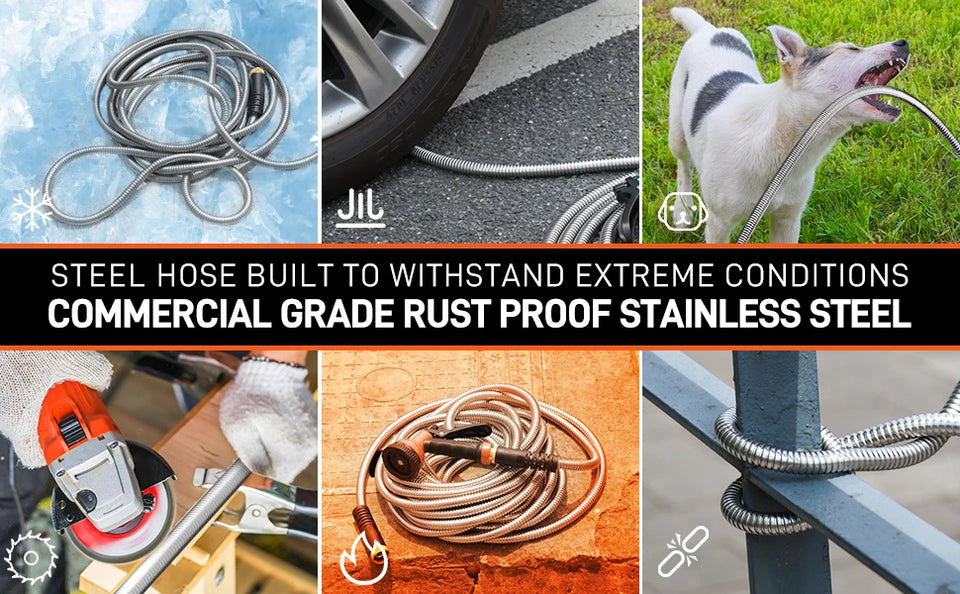 Garden Hose Stainless Steel Water Hose with 10 Functions Adjustable Spray Nozzle Heavy-Duty Metal Garden Hose for Yard Lawn