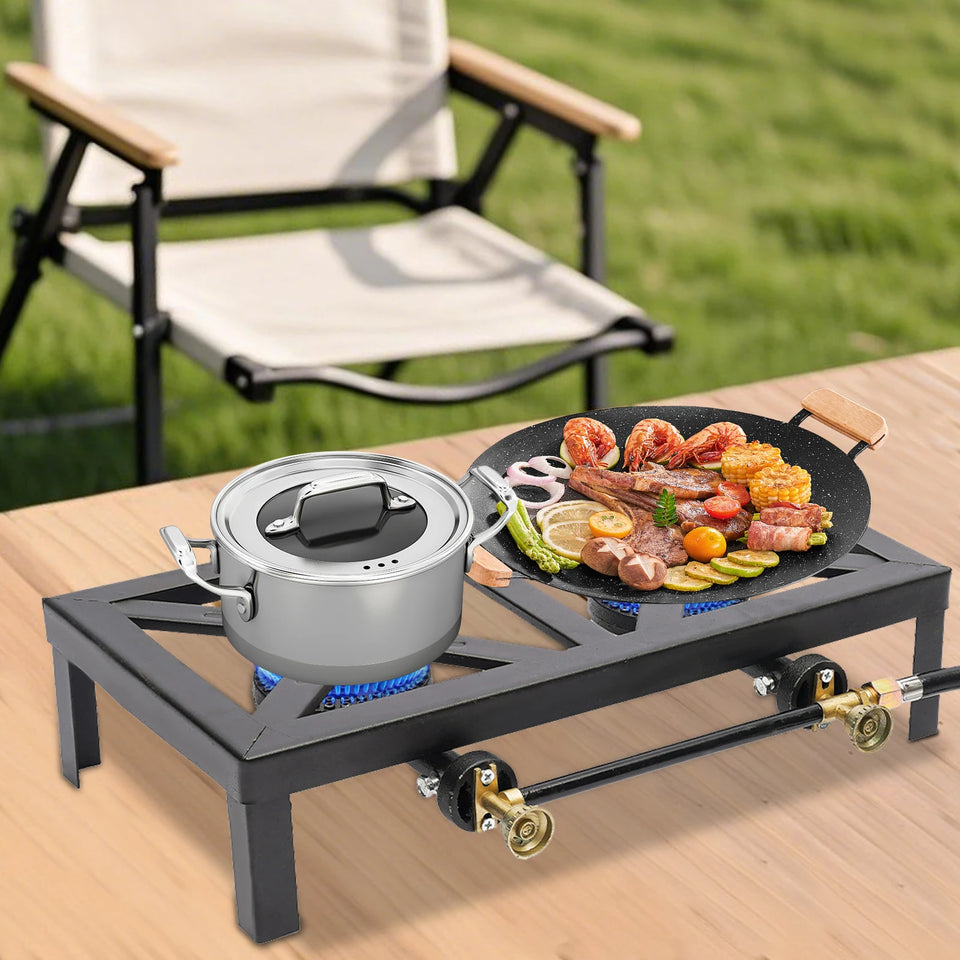 Portable Double Burner Outdoor Gas Stove Propane Cooker with Adjustable 0-10Psi Regulator Hose for Patio Camping, BBQ, Home