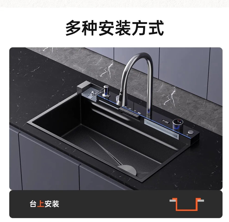 304 Stainless Steel Kitchen Sink, Large Single Sink, Thickened Whale Relief, Digital Display, Washbasin, Washbasin