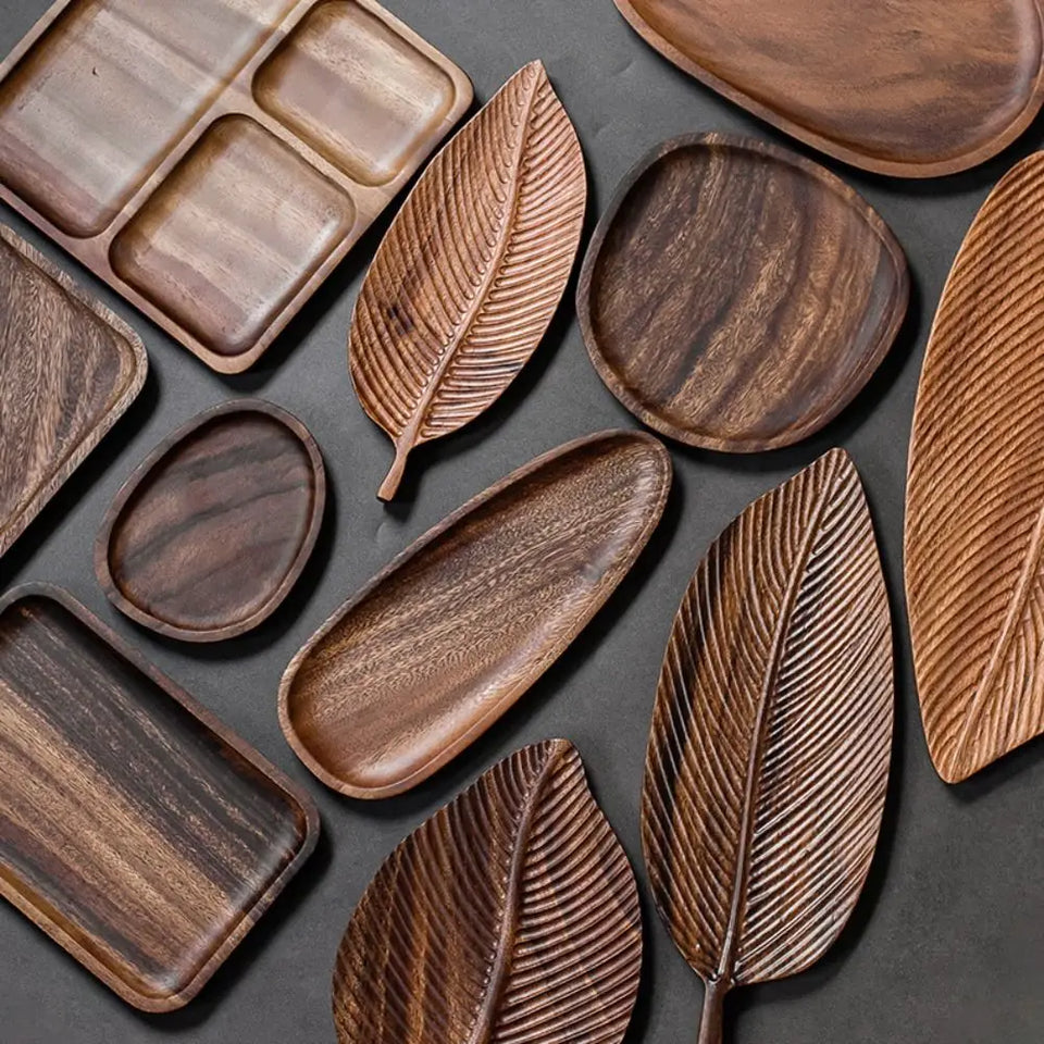Retro Walnut Tea Tray Wooden Round Serving Platter Tray Leaf Storage Wooden Tea Tray Plate Tea