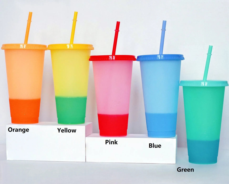 5PCS Plastic Cute Cold Cups with Lids and Straws for Iced Coffee 24 oz Color Changing Reusable for Adults Kid Women Party