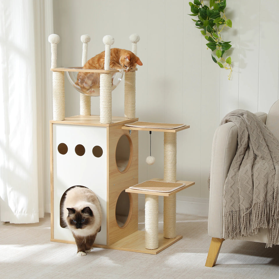Modern Cat Tree Wooden Cat Tower with 2-Floor Condo Cat Furniture with Cat Scratching Posts Capsule Nest and Dangling Balls