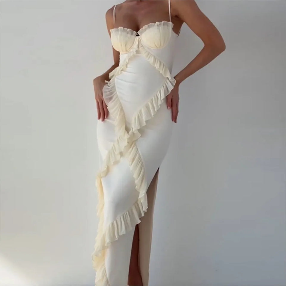 Fashion Patchwork Lace Bag Strap Tops Strapless Women's Beige White Dress Summer Elegant Sexy Nightclub Slit Low Breasts Dresses