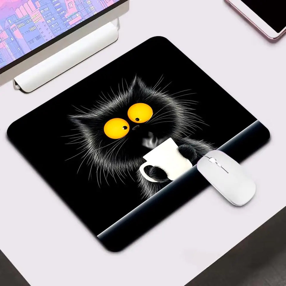 Kawaii Coffee Cat Mouse Pad Black Square Gaming Accessory Rubber Deskmats HD Non-Slip Computer Keyboard Mat New Laptop Mousepad