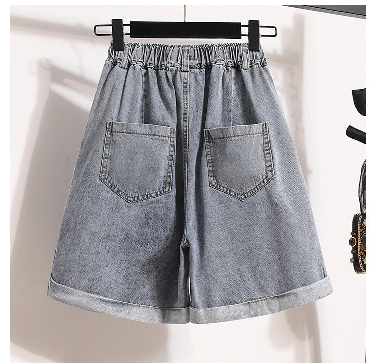 Plus Size Shorts For Women 2024 Summer New Arrivals High Elastic Waist Crimping Wide Leg Loose Streetwear Blue Jeans Shorts