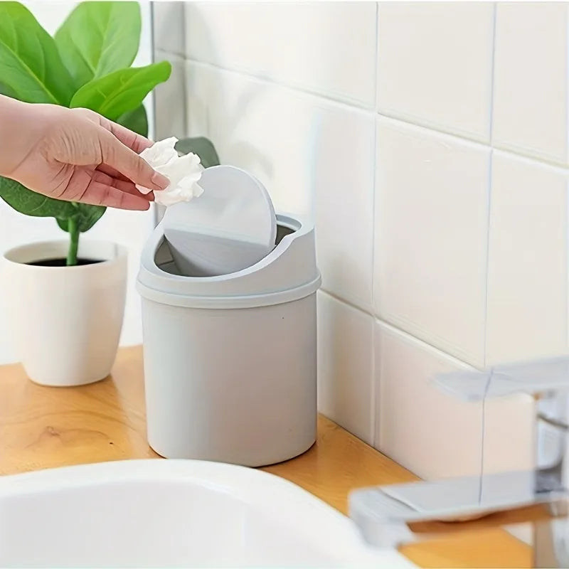 1pc Mini Desktop Trash Can with Lid - Cylindrical Tabletop Waste Bin, Easy To Clean Screw-Off Cap for Office and Coffee Bar