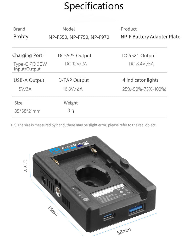 PD30W NP-F Battery Charger Battery Adapter Plate Cold Shoe Adapter 1/4in for NP-F550 F750 F970 for BMPCC 4K 6K DSLR ILDC
