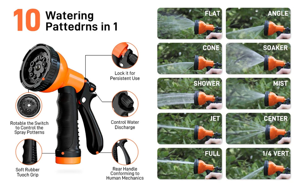 Garden Hose Stainless Steel Water Hose with 10 Functions Adjustable Spray Nozzle Heavy-Duty Metal Garden Hose for Yard Lawn