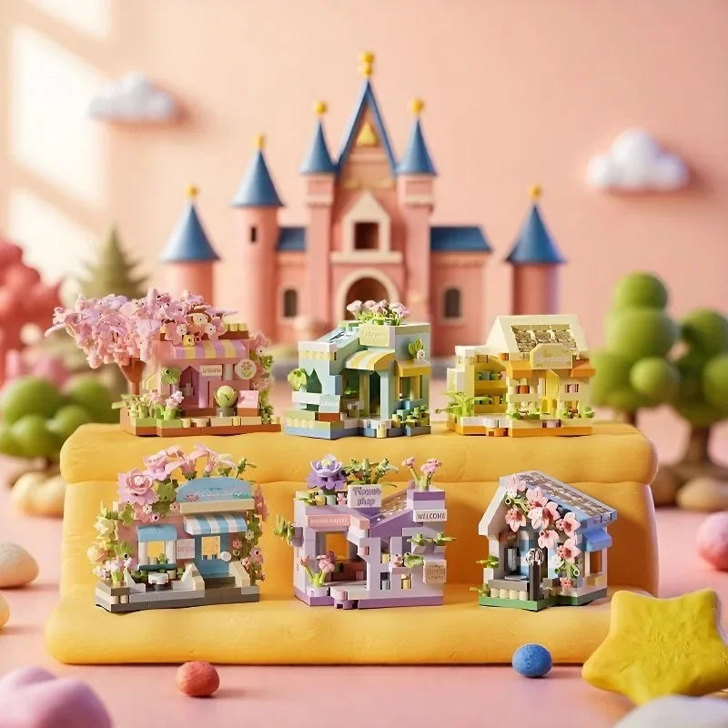 Coffee Ice Cream Flower Shop Store Street View Food House Building Blocks Kit Girls Bricks Model Kids Toy Mini Assembly Bricks