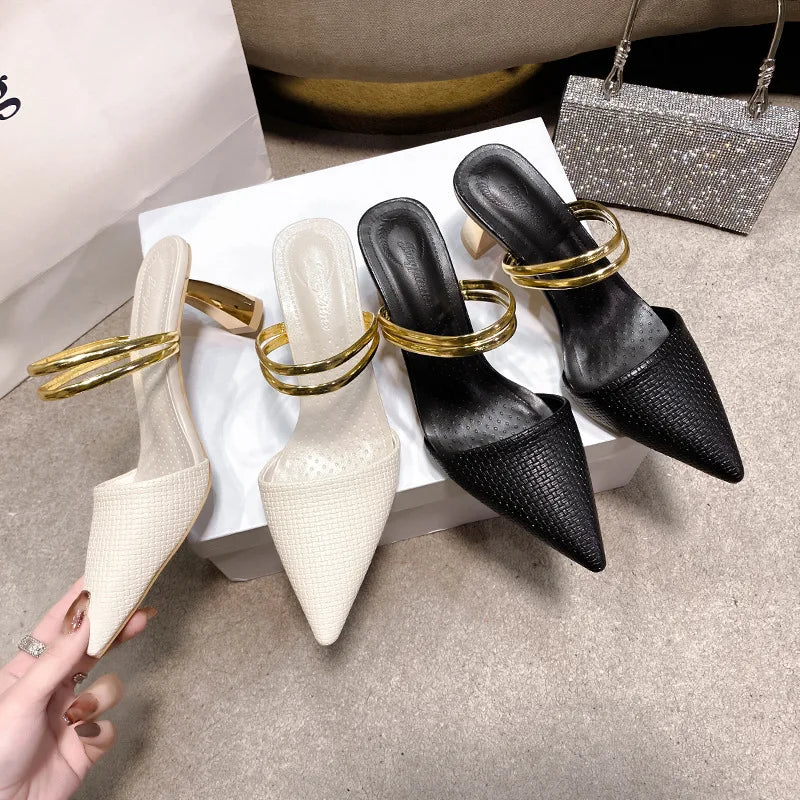 Summer Women's Fashion Pointed Sandals Elegant Temperament High Heeled Comfortable Color Blocked Slip on Half Slippers 2026