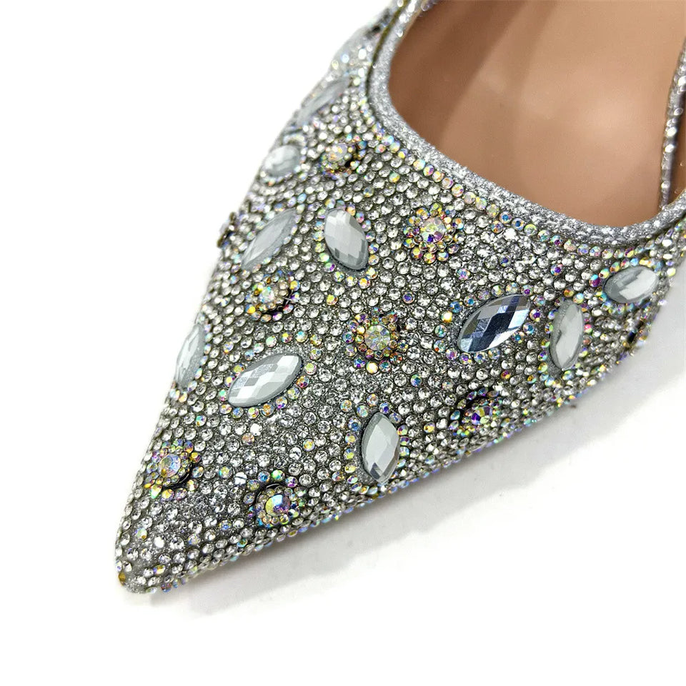 Elegant And Sexy Golden Color High Heels Shoes And Bag With Rhinestone Embellished Toe Is Comfortable Women's Shoes For Party