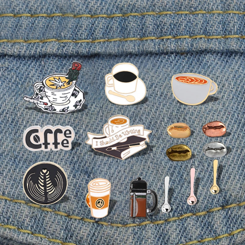 Coffee Collection Enamel Pin for Barista Vintage Rose Tea Latte Americano Brooches Coffee Machine Mini Coffee Bean Badge Jewelry