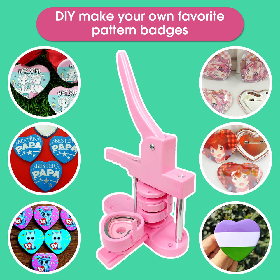 Heart-Shaped Button Maker Machine, DIY Pin Button Maker Press Machine Kit (Pink) Great gift