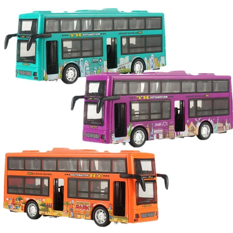 Children Inertia Pull Back Vehicles Toy Double Decker Sightseeing Bus Open Door Lights Music Die Cast Vehicles Toys for Boys